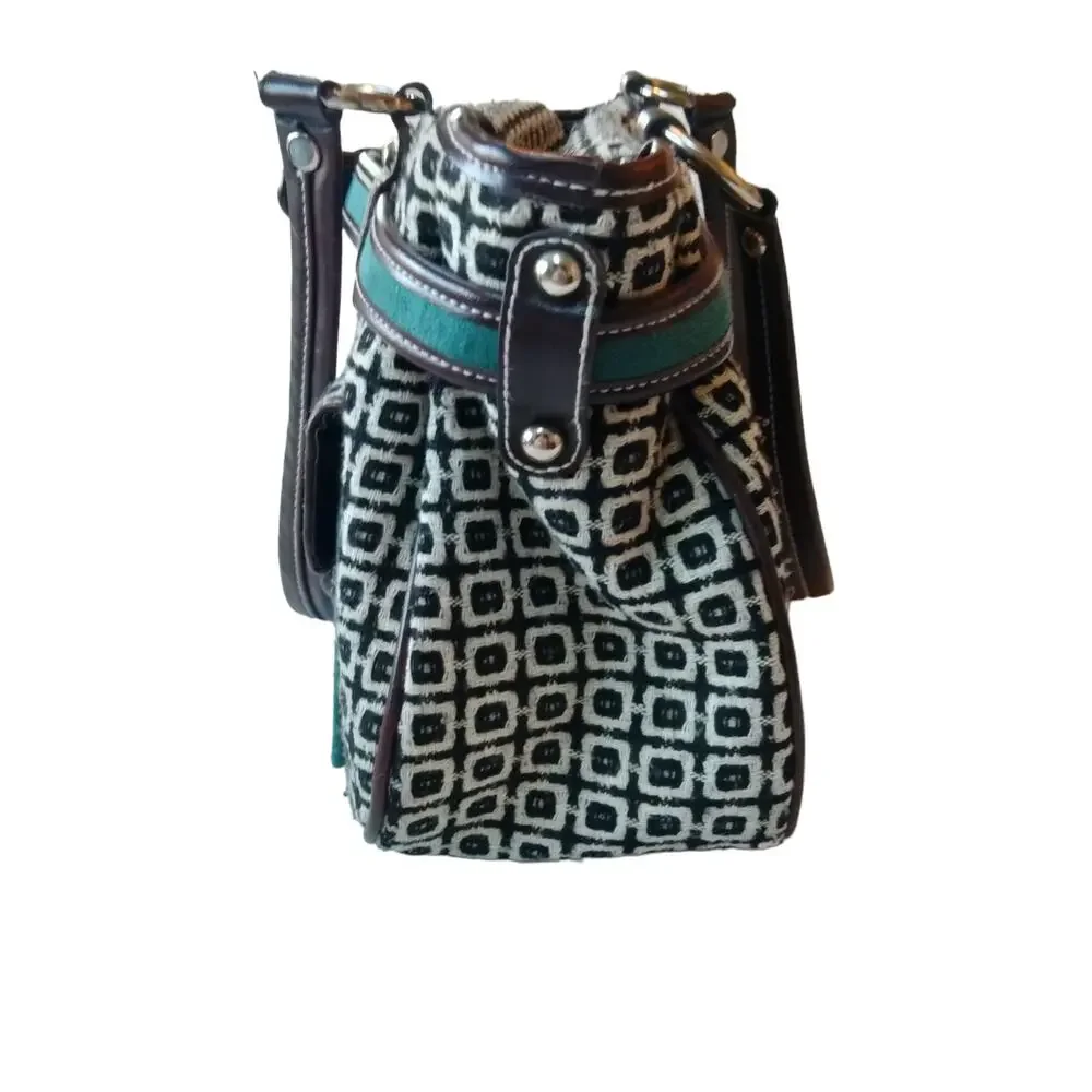 Vintage Y2K Tweed Black and White Teal Trim Satchel Bag Purse